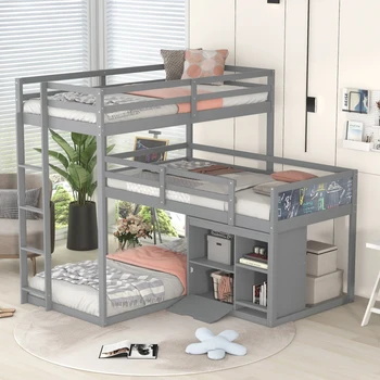 Г-образная деревянная трехъярусная кровать для двух человек, шкаф для хранения вещей и классная доска, лестница