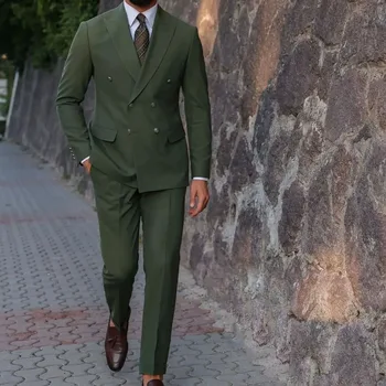 Темно-зеленый Блейзер, свадебный костюм, Костюмы для мужчин, Двубортный, с заостренным лацканом, Приталенный, для официальной вечеринки, пиджак-двойка, брюки Terno
