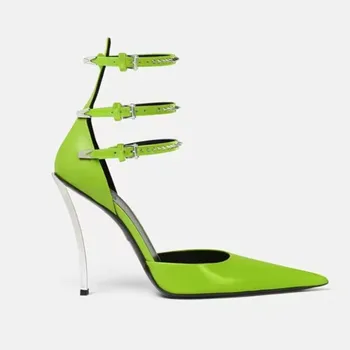 Летние высококачественные новые металлические босоножки на шпильке, модные тонкие туфли с заострением для подиума, пикантные свадебные туфли для ночного клуба на высоком каблуке