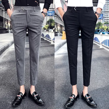Брендовая одежда 2024 Slim Fit, брюки в полоску из чистого хлопка, мужские Высококачественные брюки для делового костюма, мужские укороченные брюки