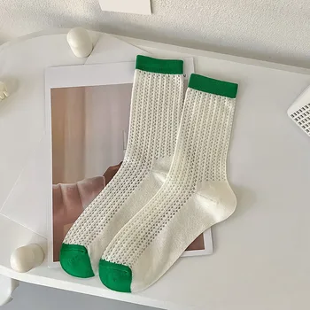 2023 Женские носки из прозрачной сетки до середины икры, дышащие Тонкие красочные носки в стиле пэчворк с рюшами.