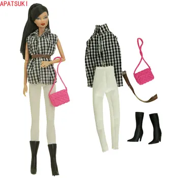 Комплект модной одежды в клетку для куклы Барби Черно-белая клетчатая рубашка Брюки Сумка на ремне Ботинки для кукол Barbie 1/6 Аксессуары для кукол