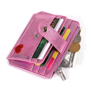 Корейская лазерная сумка для карт из искусственной кожи с любовной вышивкой, Женский кошелек с застежкой-молнией, мини-зажим для денег, милый зажим для карт