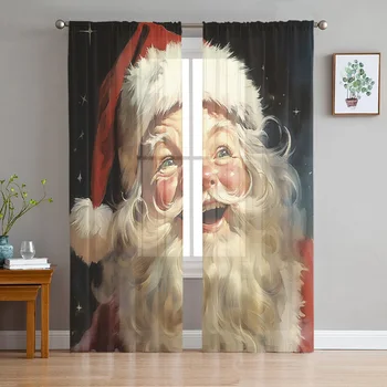 Рождественская картина маслом Санта Клаус Прозрачные шторы Рождественские украшения для дома Окна Тюлевые шторы для гостиной спальни