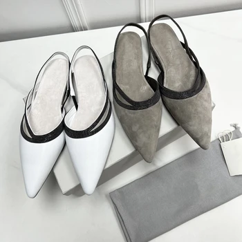 2023 Новейшая обувь Женские туфли-лодочки из натуральной кожи с острым носком, босоножки с ремешком сзади, Дизайнерские туфли без застежки, женские сандалии