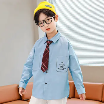 Одежда для мальчиков-подростков Школьная форма Рубашки с галстуком Бело-синего цвета, детские рубашки с отложным воротником и длинным рукавом, детские топы