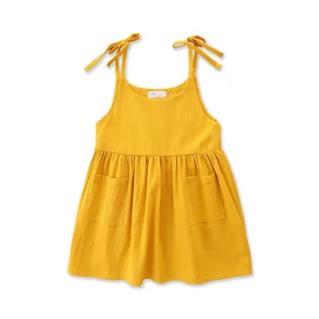 Летнее платье для девочек, хлопковое детское платье без рукавов горчичного цвета, детский комплект одежды
