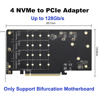 4 SSD M.2 X16 Карта расширения PCIe 3.0 X4 с радиатором Поддерживает 4 Материнских платы с поддержкой NVMe M.2 2280 со скоростью до 128 Гбит/с
