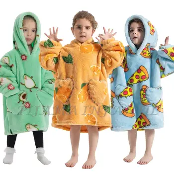 Детское мультяшное одеяло с рукавами, утепленная зимняя толстовка с капюшоном для детей, большая теплая толстовка с карманом, плюшевая флисовая ткань для мальчиков и девочек